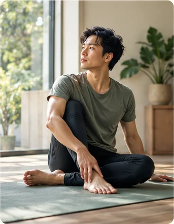 床に座って背骨をねじるポーズをとる男性